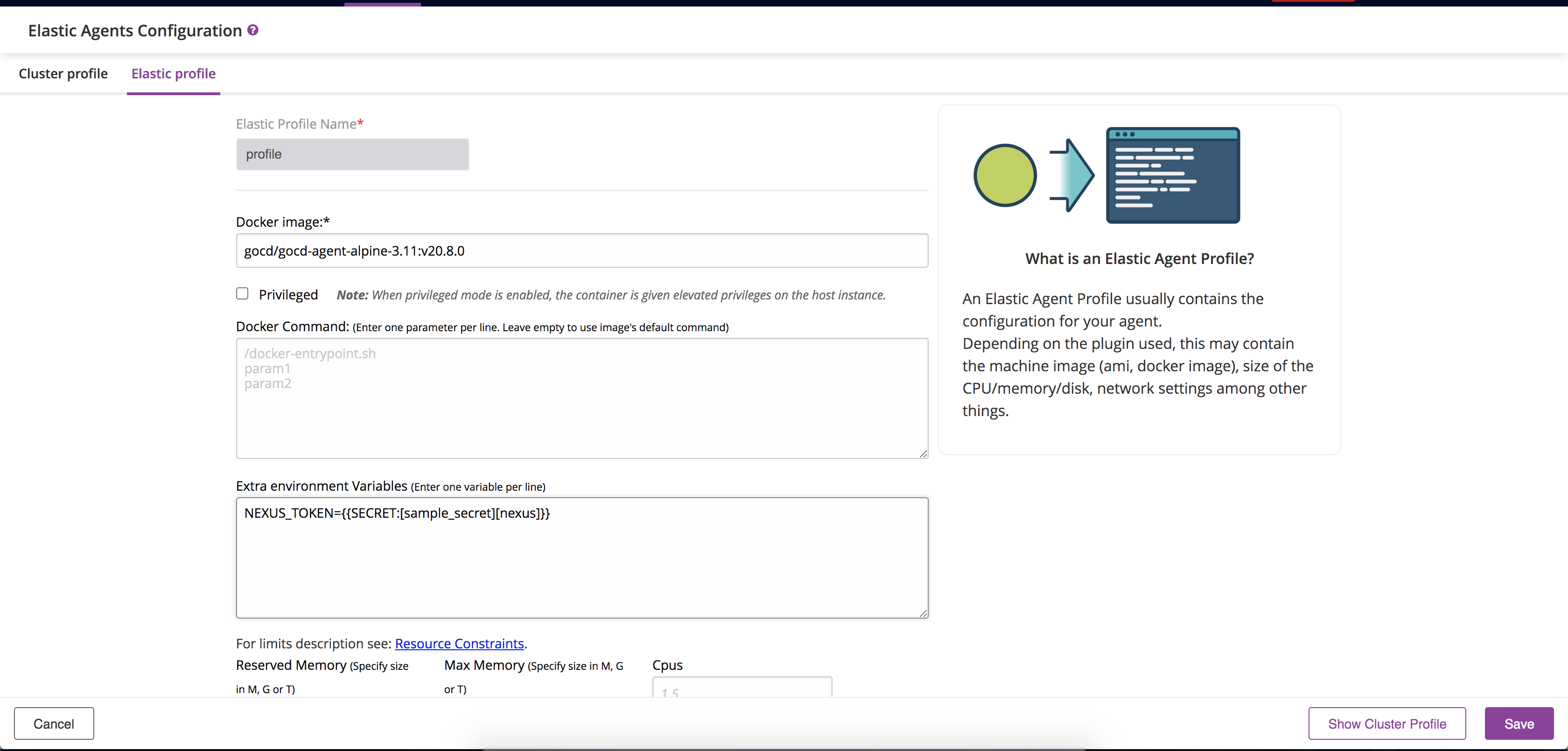 “Plugin Configuration for Elastic Agent Profile”